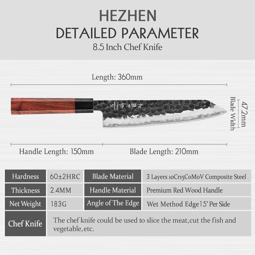 HEZHEN 8.3 Inches Chef Knife 3 Layers Composite Steel High quality Red wood handle Kitchen Accessories