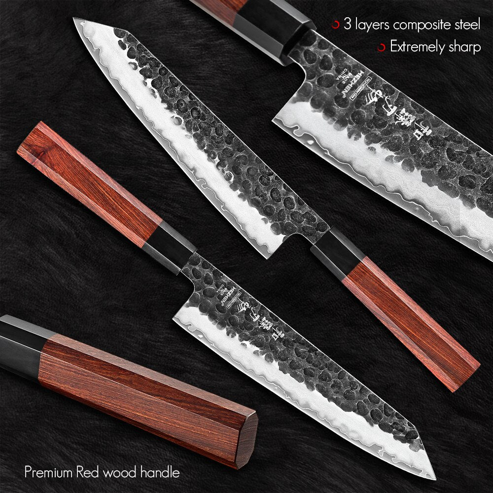 HEZHEN 8.3 Inches Chef Knife 3 Layers Composite Steel High quality Red wood handle Kitchen Accessories