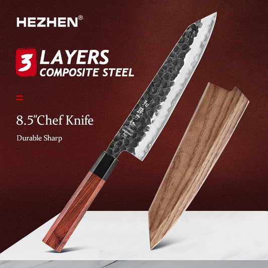 HEZHEN 8.3 Inches Chef Knife 3 Layers Composite Steel High quality Red wood handle Kitchen Accessories